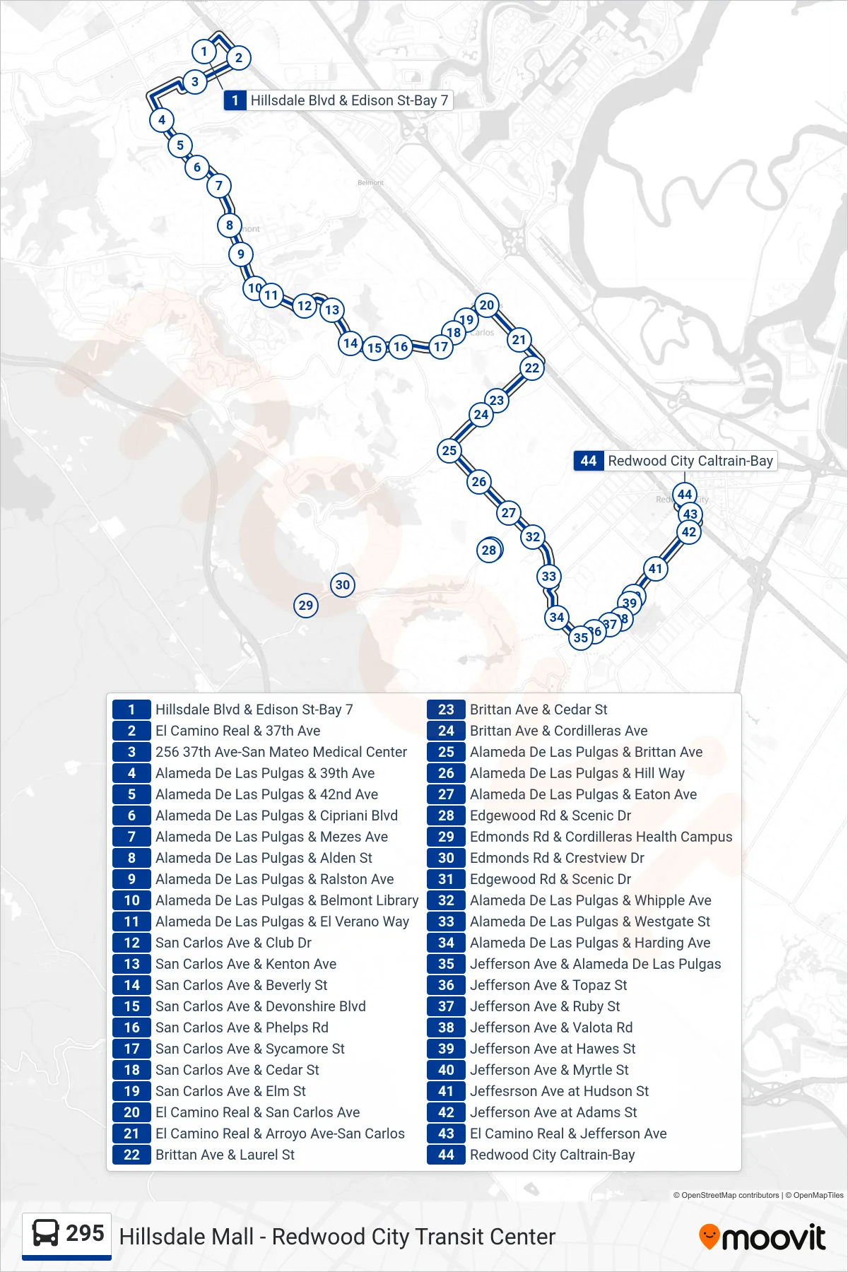 295 bus Line (Redwood City Transit Center) route and stops on a map