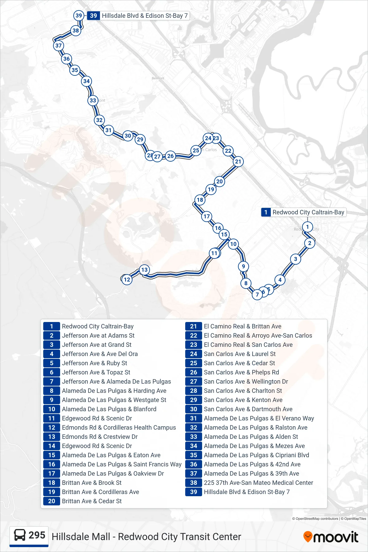 295 bus Line (San Mateo) route and stops on a map