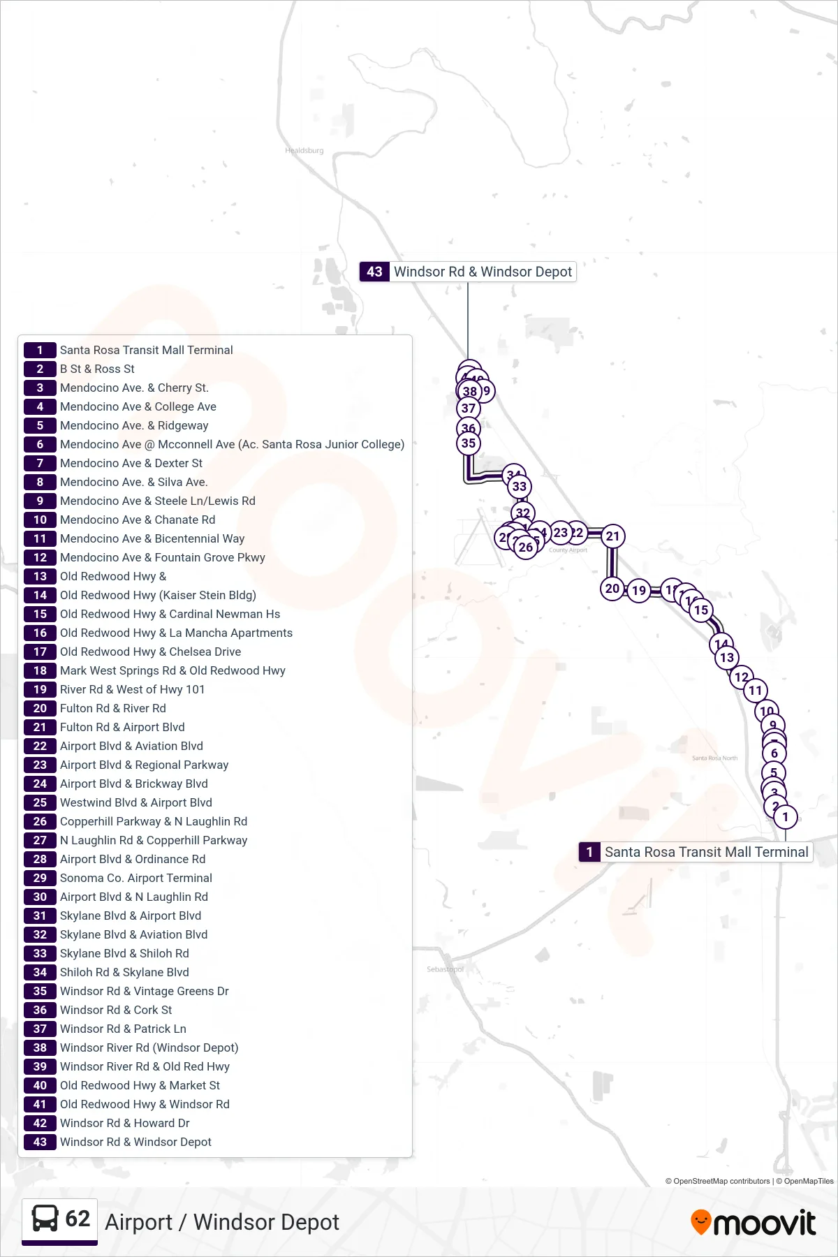 62 bus Line (Airport / Windsor Depot) route and stops on a map