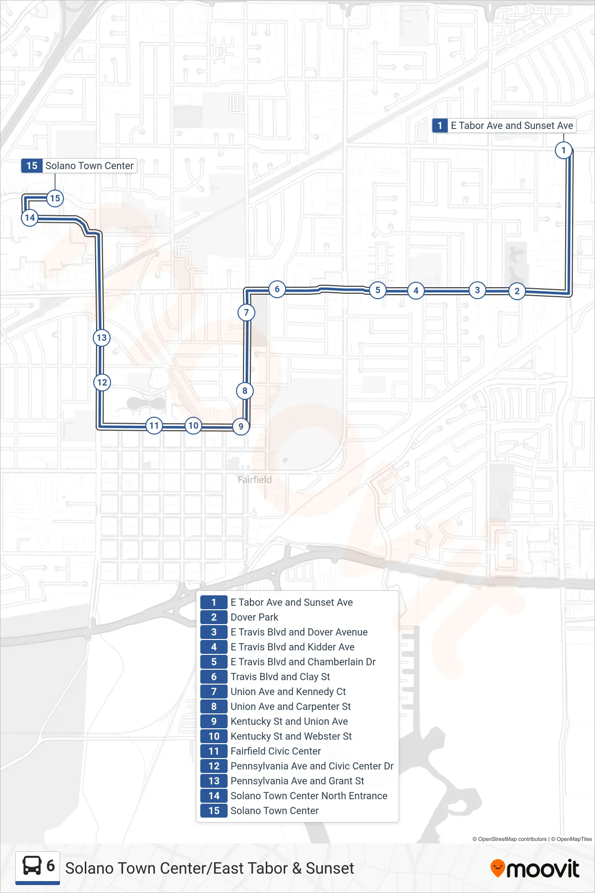 6 bus Line (Solano Town Center) route and stops on a map