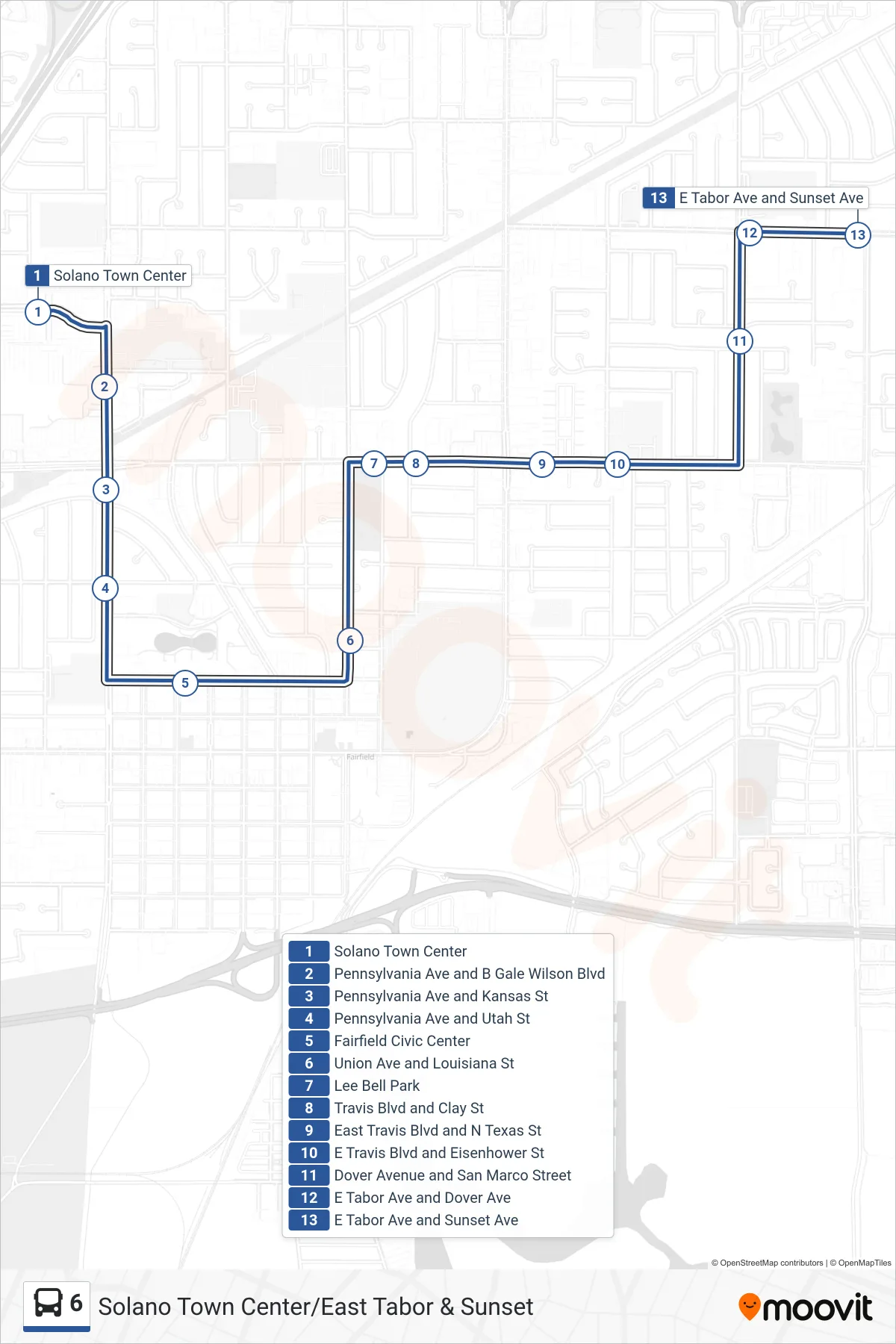 6 bus Line (E Tabor Ave and Sunset Ave) route and stops on a map