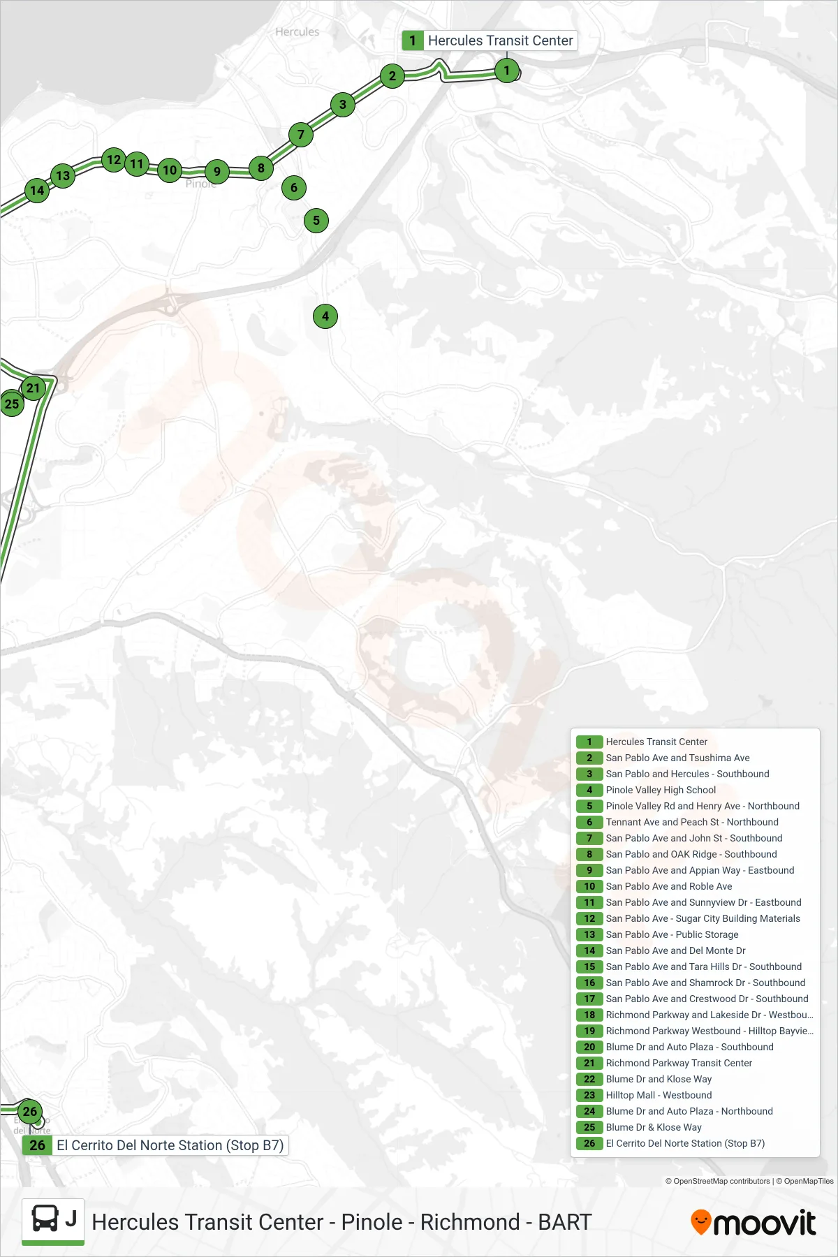 J bus Line (Jr To BART) route and stops on a map