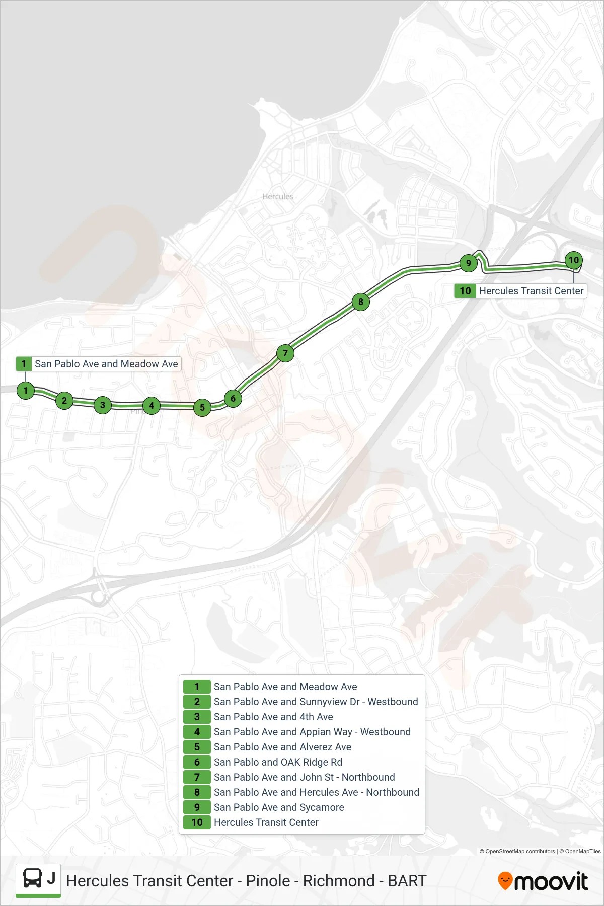 J bus Line (Jr To BART) route and stops on a map