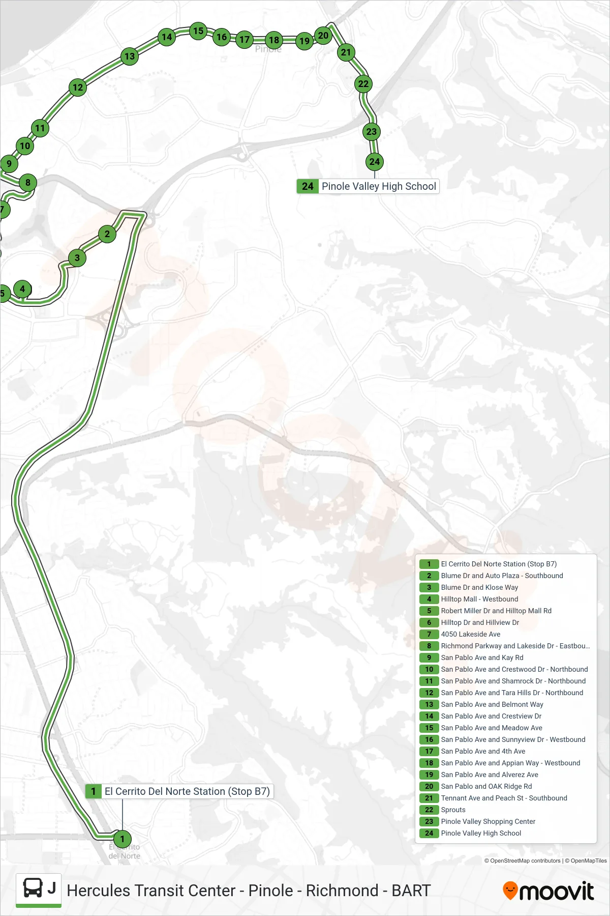 J bus Line (Jl To Pvhs) route and stops on a map