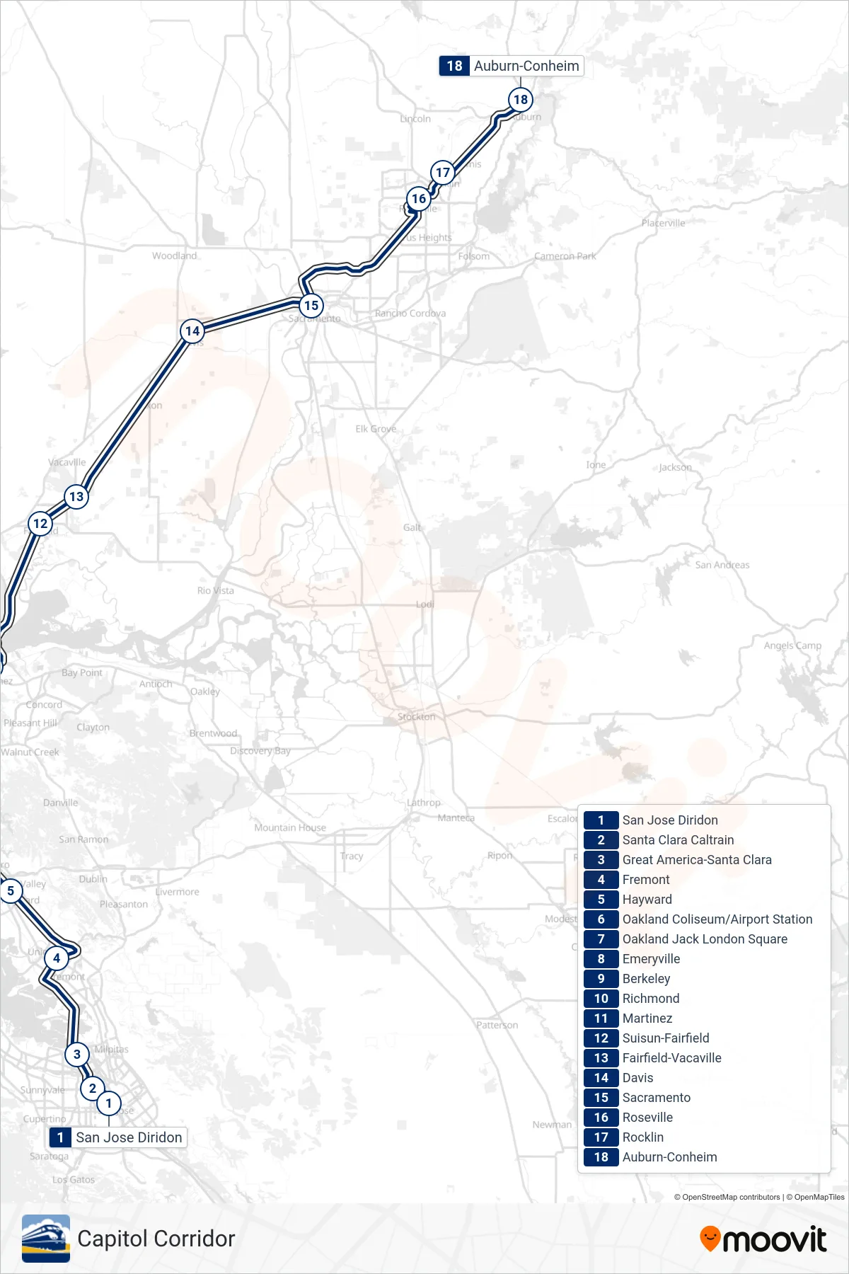 CC rail Line (Auburn) route and stops on a map