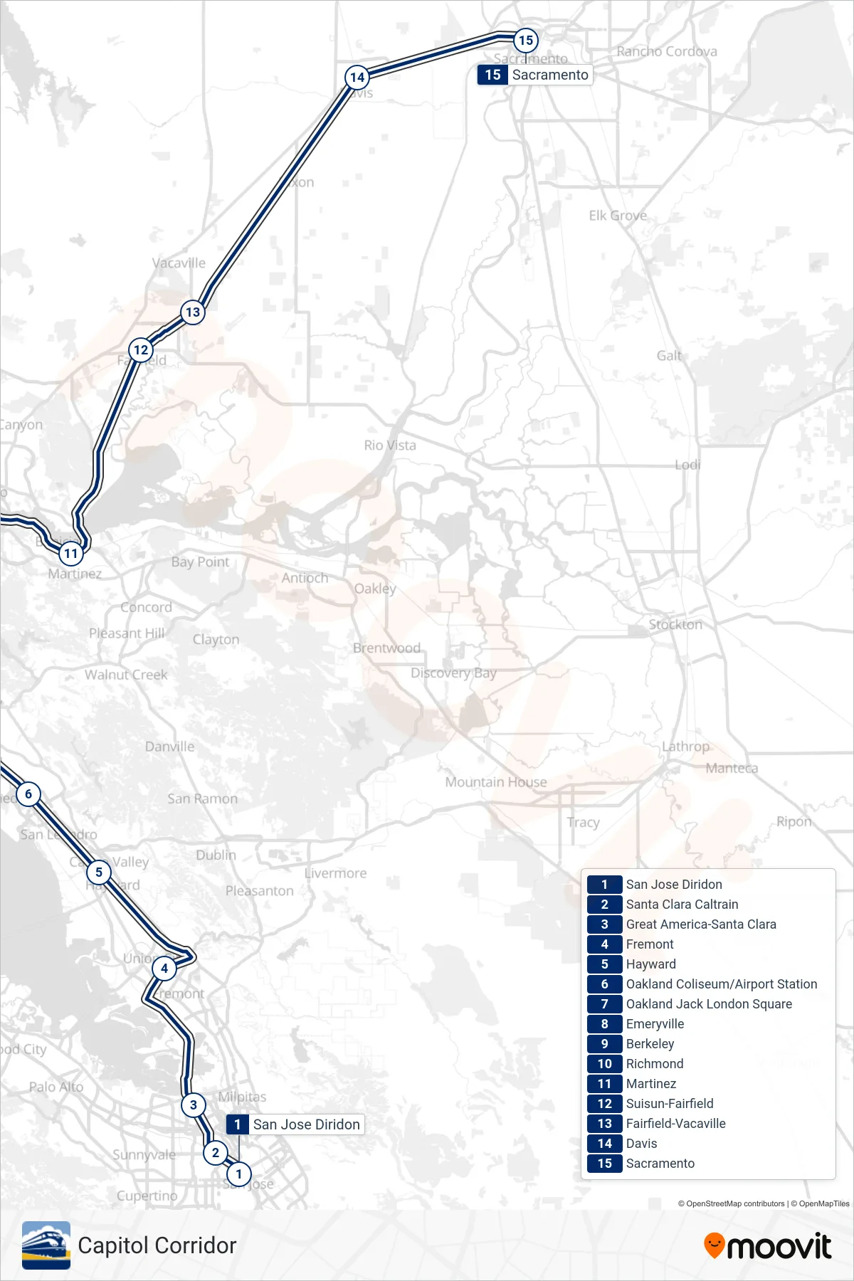 CC train Line (Sacramento) route and stops on a map