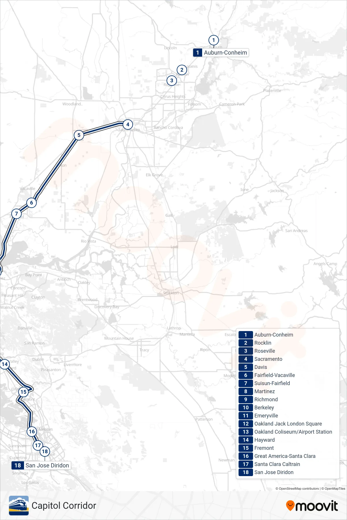 CC train Line (San Jose) route and stops on a map