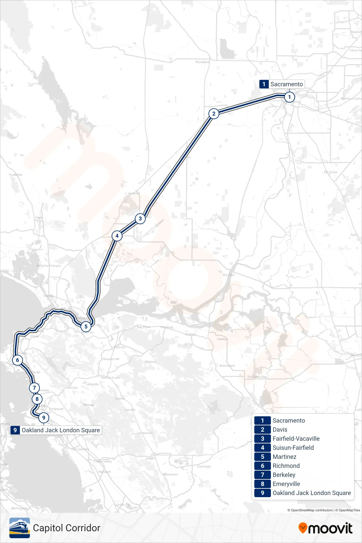 CC train Line (Oakland Jack London) route and stops on a map