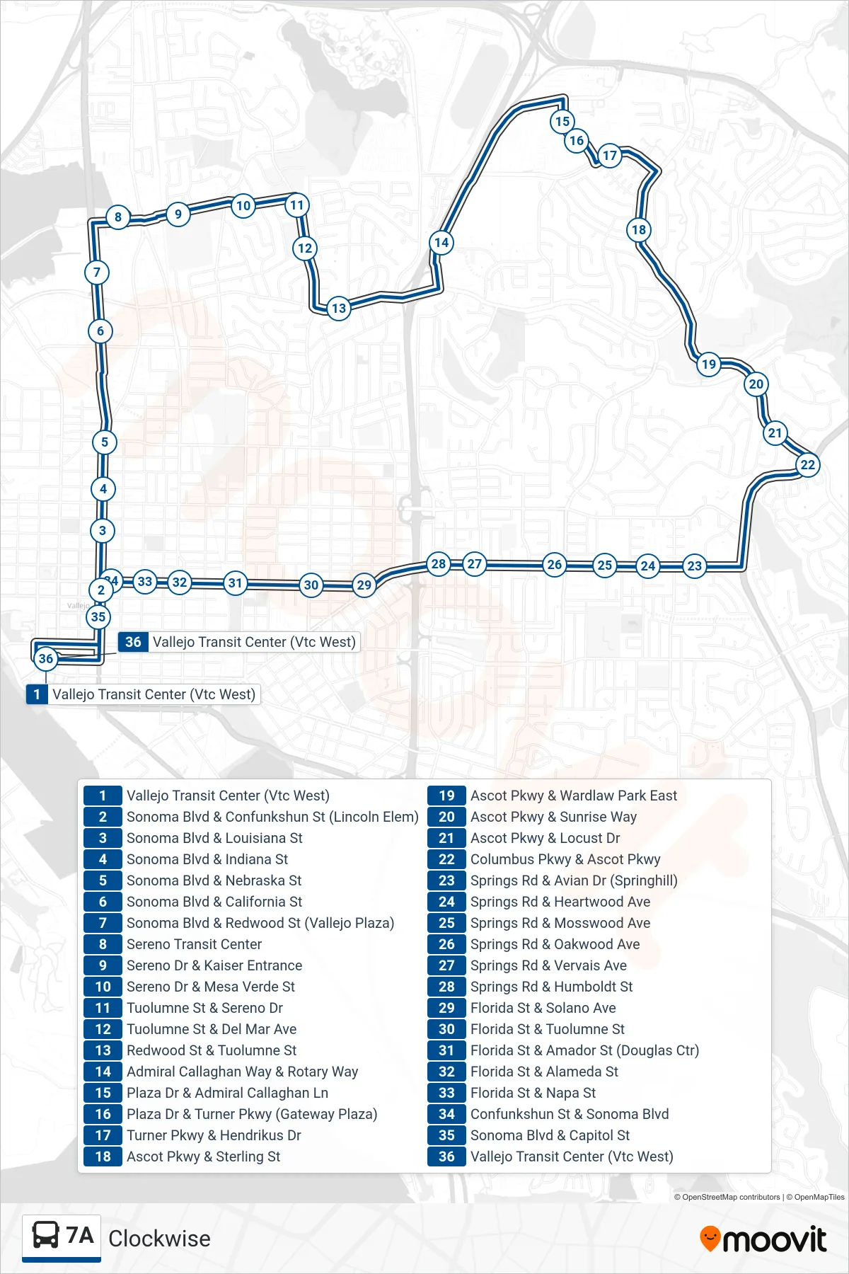 7A bus Line (Vallejo Transit Center via Vallejo Plaza Shopping Center) route and stops on a map