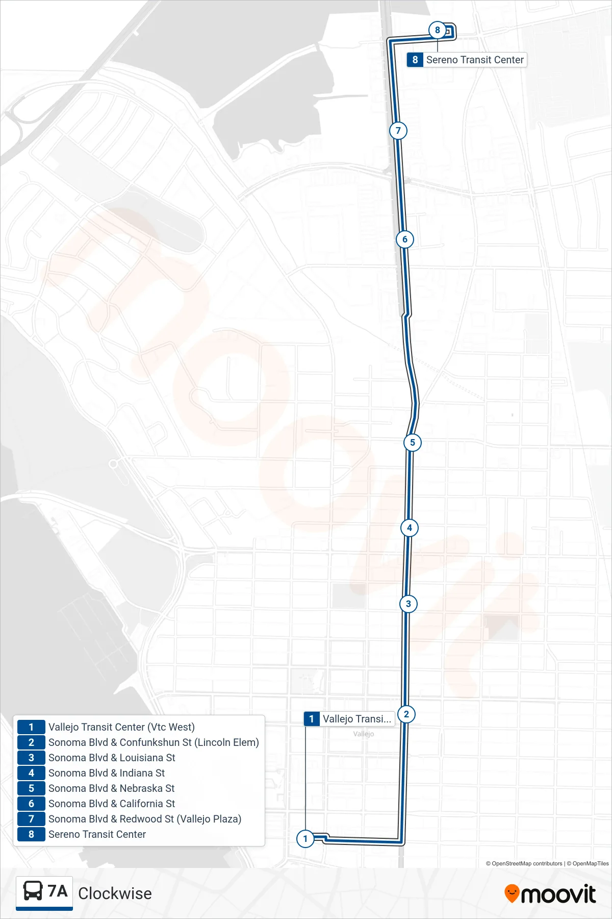 7A bus Line (Sereno Transit Center via Vallejo Plaza Shopping Center) route and stops on a map