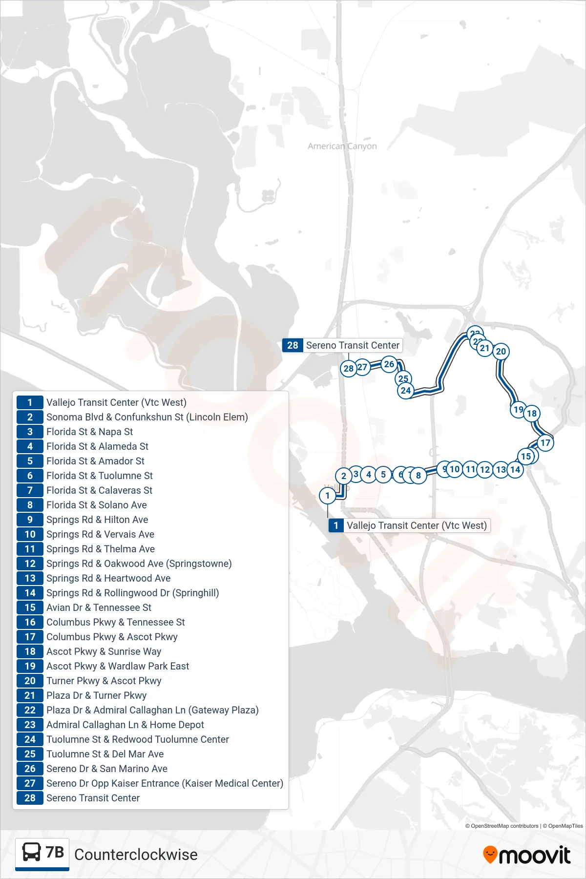 7B bus Line (Sereno Transit Center via Solano 80 Shopping Center) route and stops on a map