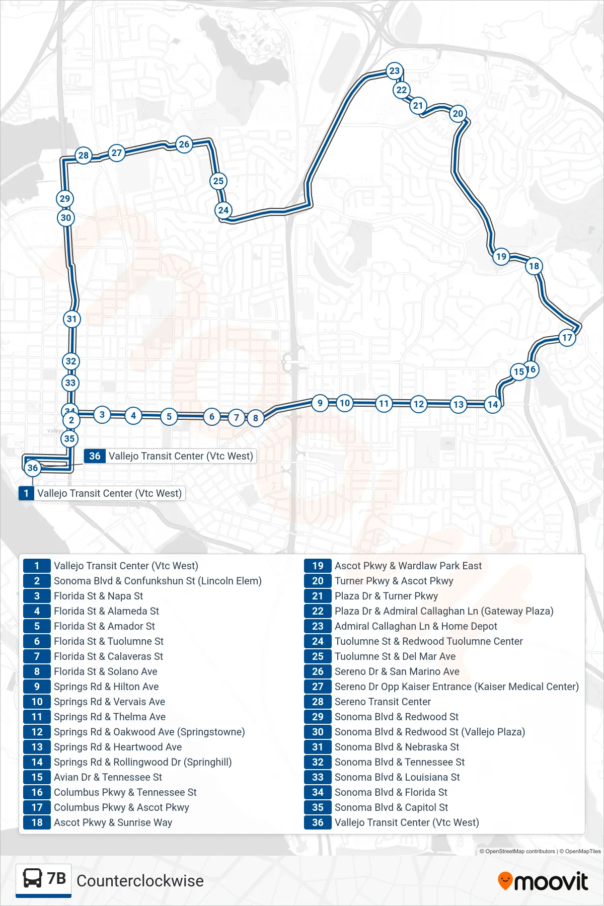 7B bus Line (Vallejo Transit Center via Solano 80 Shopping Center) route and stops on a map