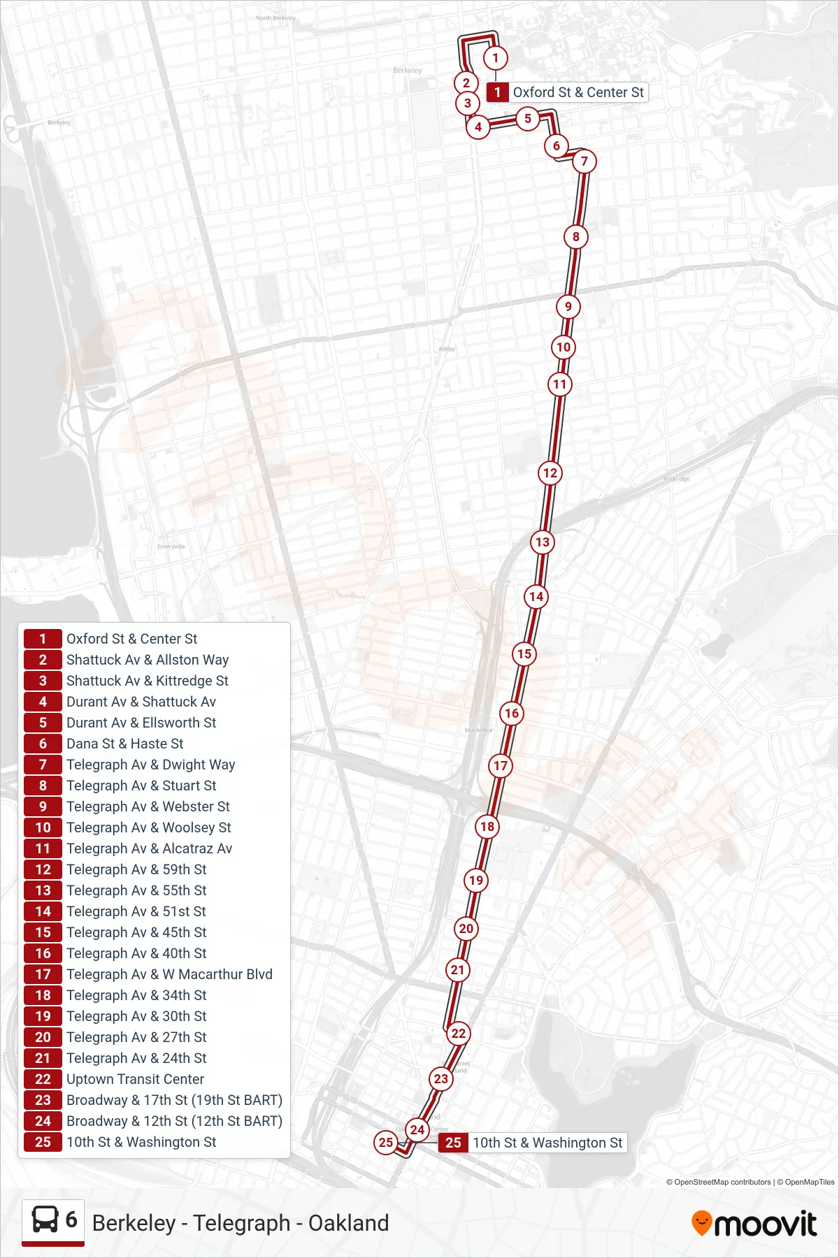 6 bus Line (Downtown Oakland) route and stops on a map