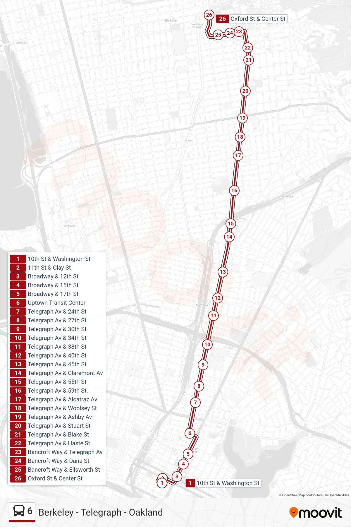 6 bus Line (Downtown Berkeley) route and stops on a map