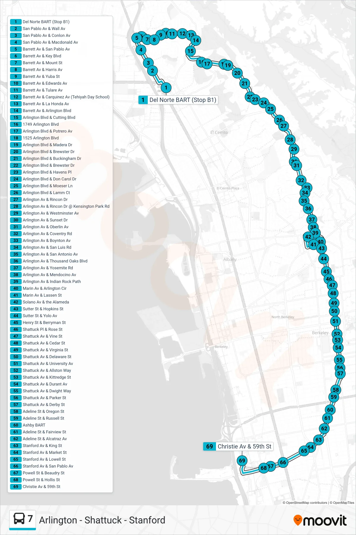 7 bus Line (Public Market Emeryville) route and stops on a map