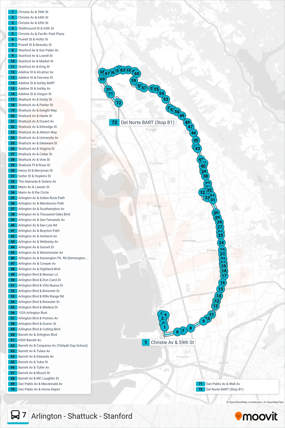 7 bus Line (El Cerrito Del Norte BART) route and stops on a map