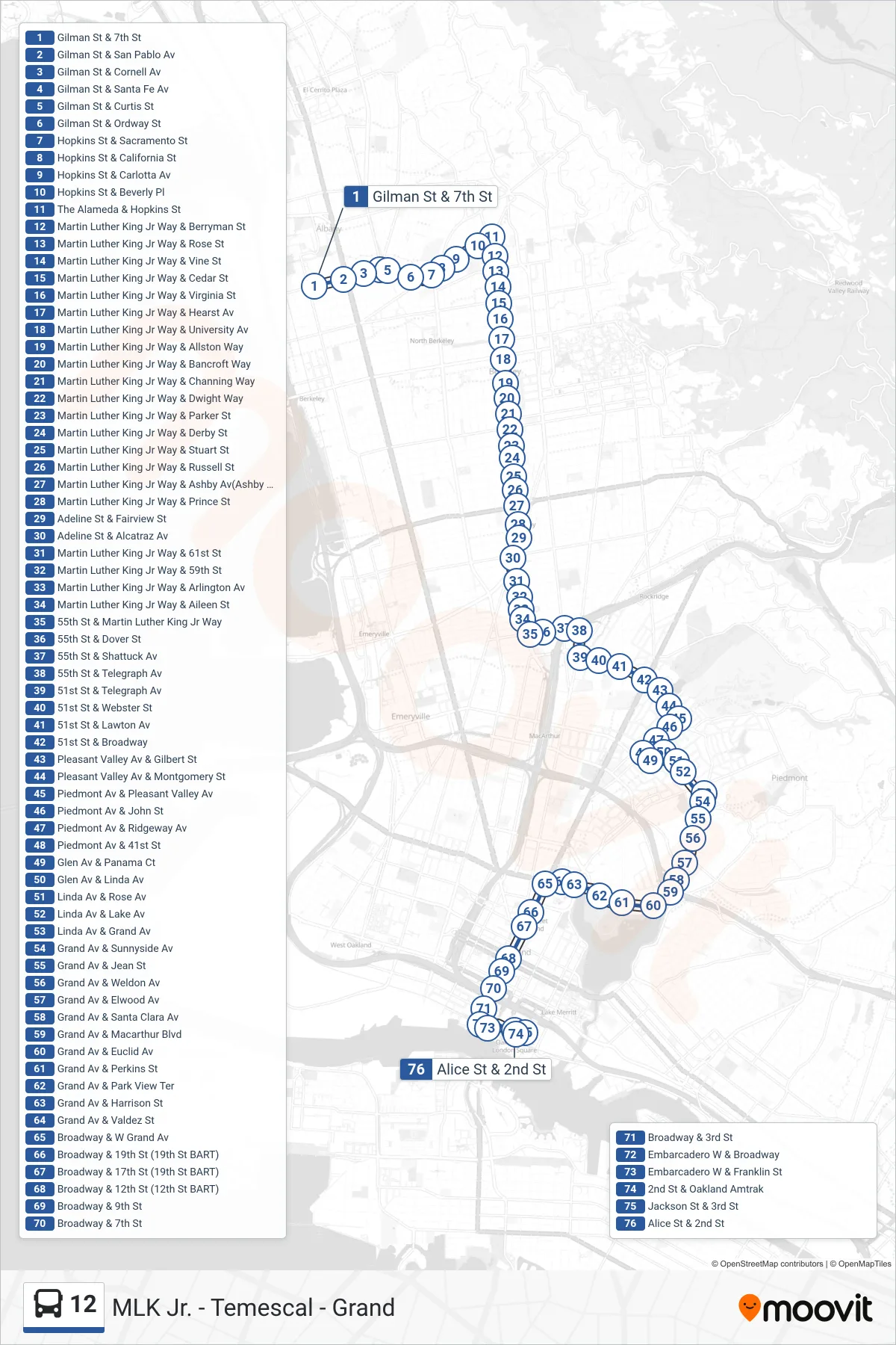 12 bus Line (Oakland Amtrak at Jack London Square) route and stops on a map