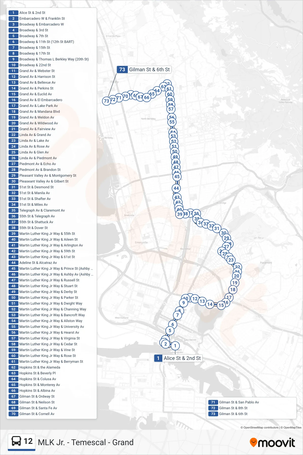 12 bus Line (Northwest Berkeley) route and stops on a map