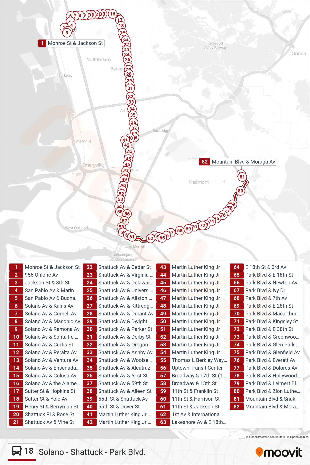 18 bus Line (Montclair) route and stops on a map