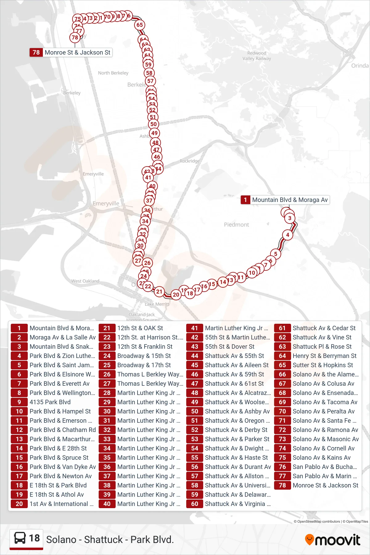 18 bus Line (University Village, Albany) route and stops on a map