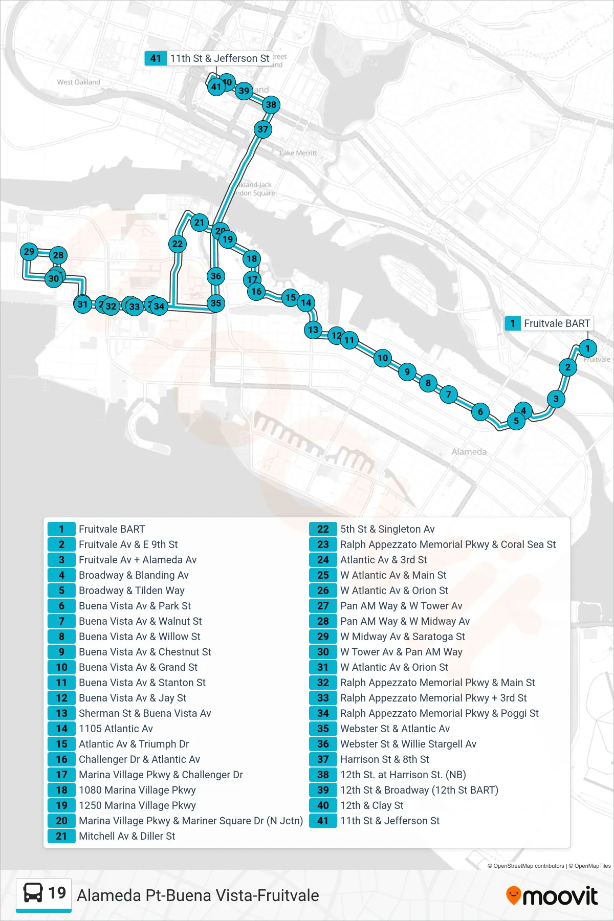 19 bus Line (Downtown Oakland) route and stops on a map