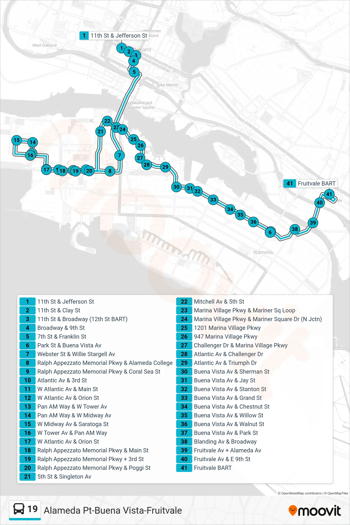 19 bus Line (Fruitvale BART) route and stops on a map