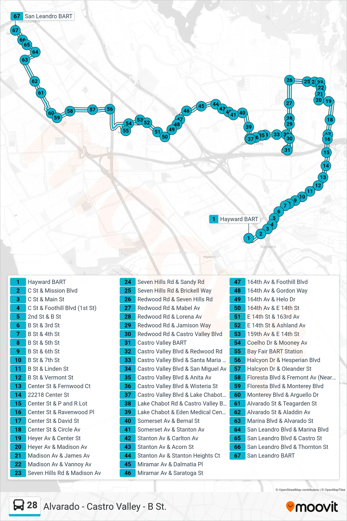 28 bus Line (San Leandro BART) route and stops on a map