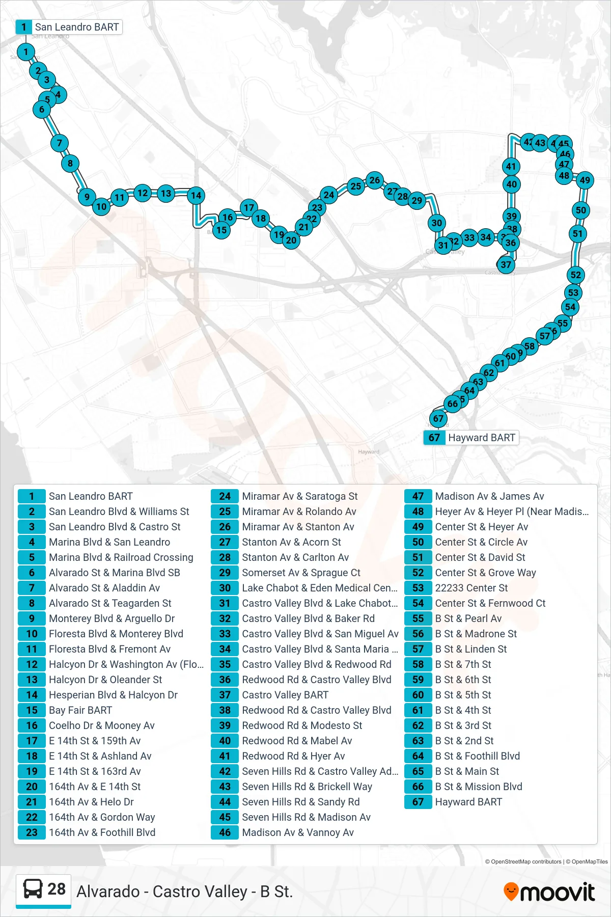 28 bus Line (Hayward BART) route and stops on a map
