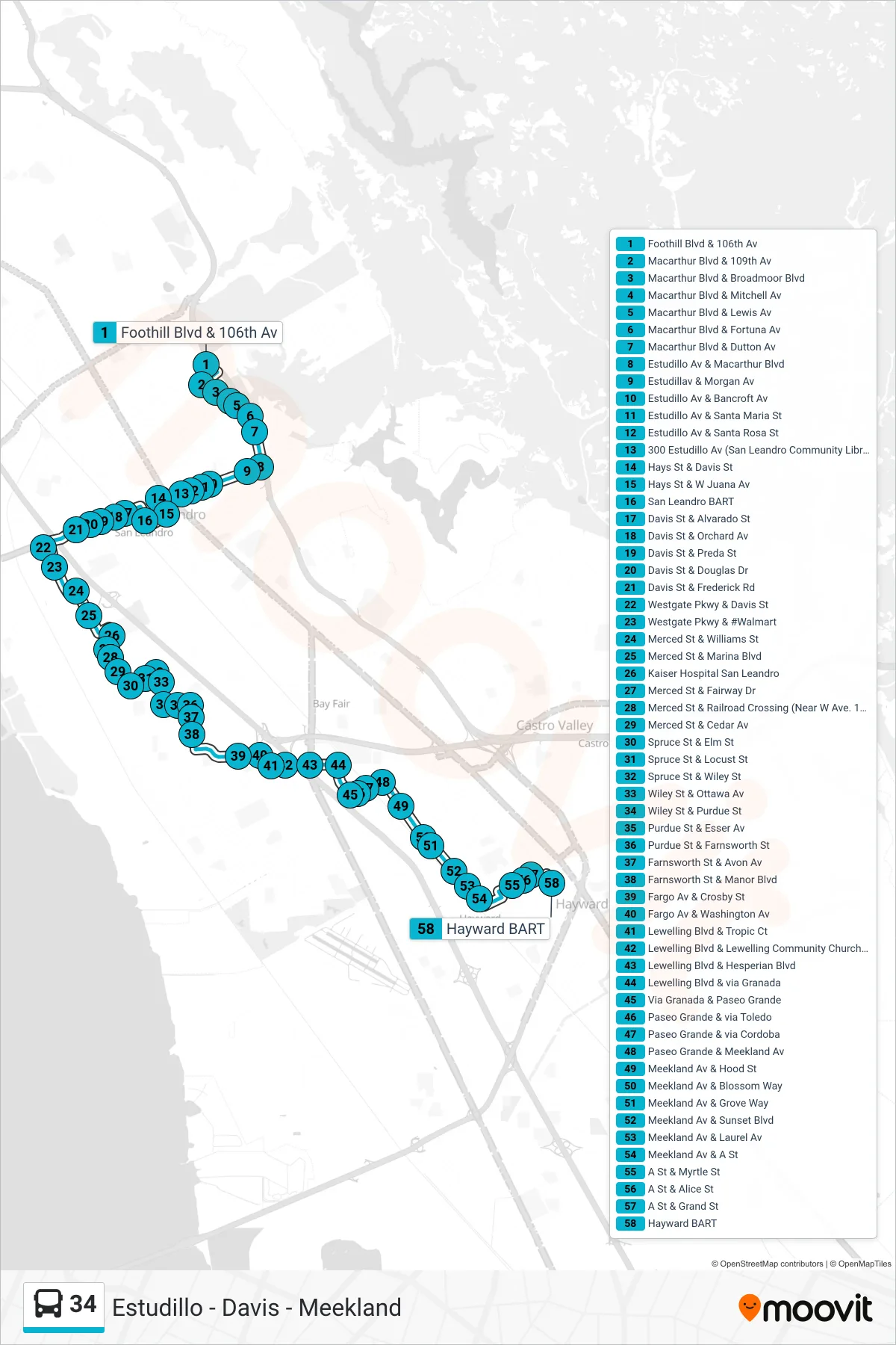 34 bus Line (Hayward BART) route and stops on a map