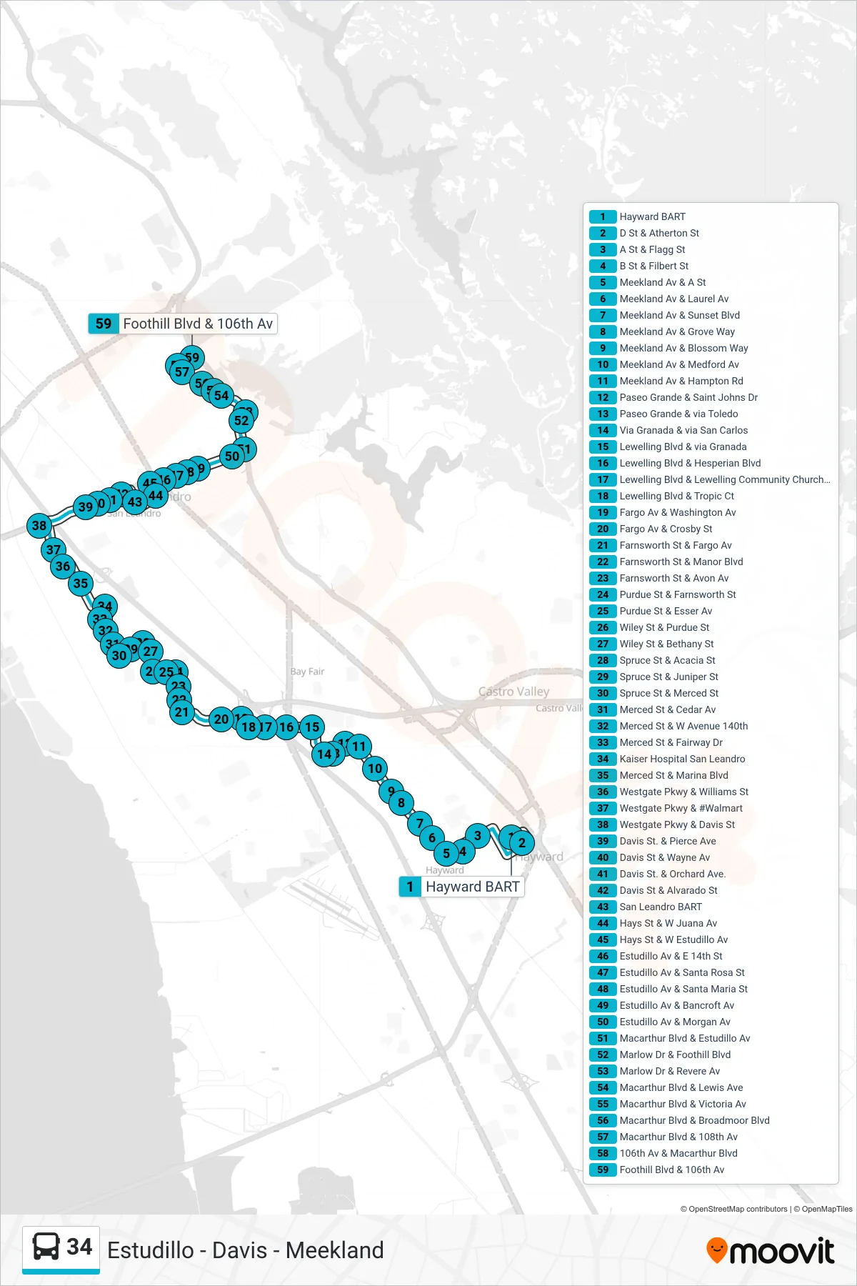 34 bus Line (Foothill Square) route and stops on a map