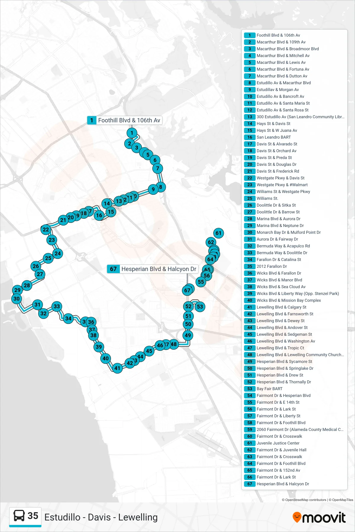 35 bus Line (Bay Fair BART) route and stops on a map
