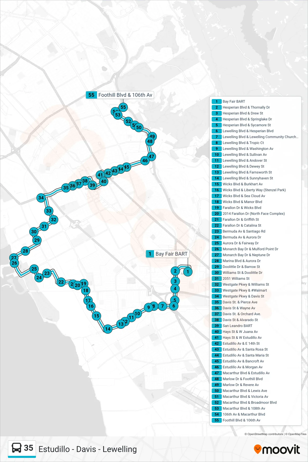 35 bus Line (Foothill Square) route and stops on a map