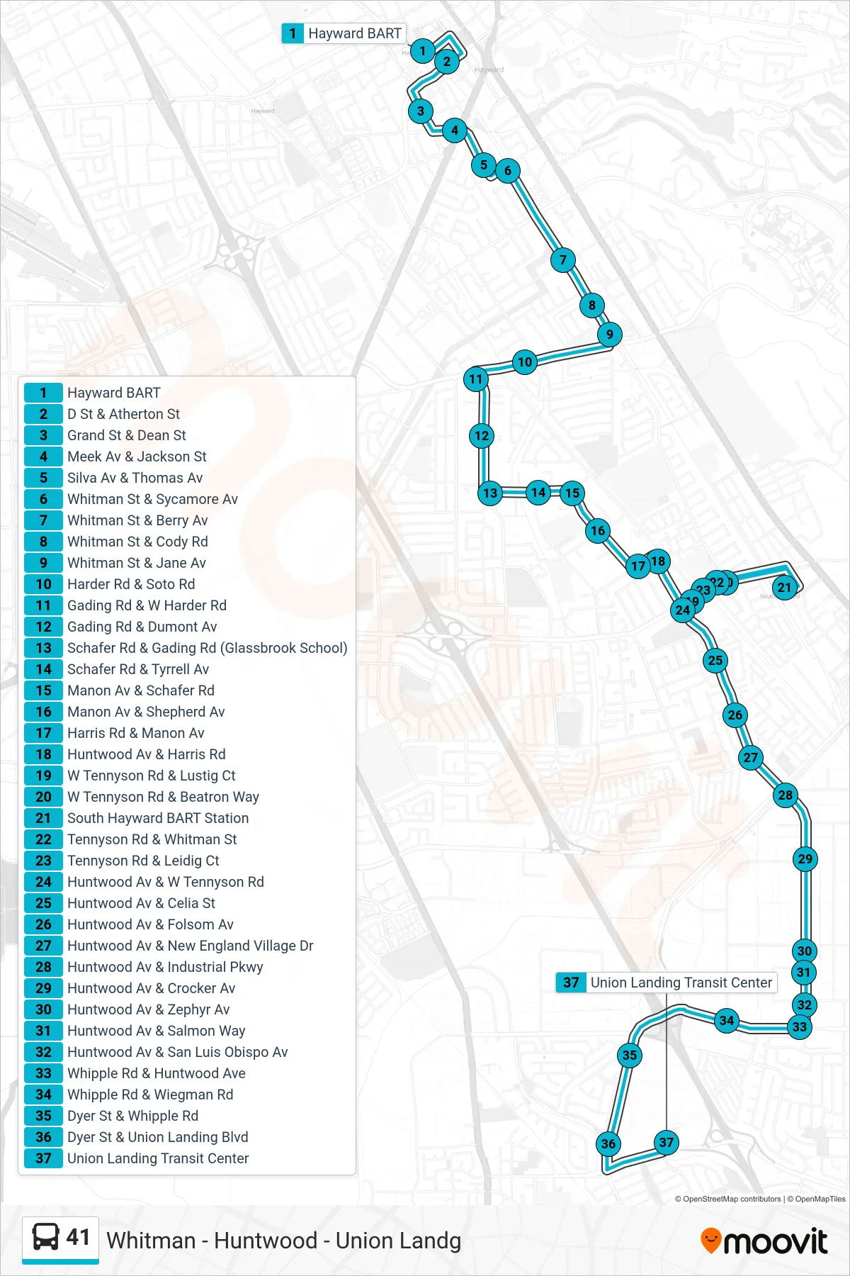 41 bus Line (Union Landing Transit Center) route and stops on a map