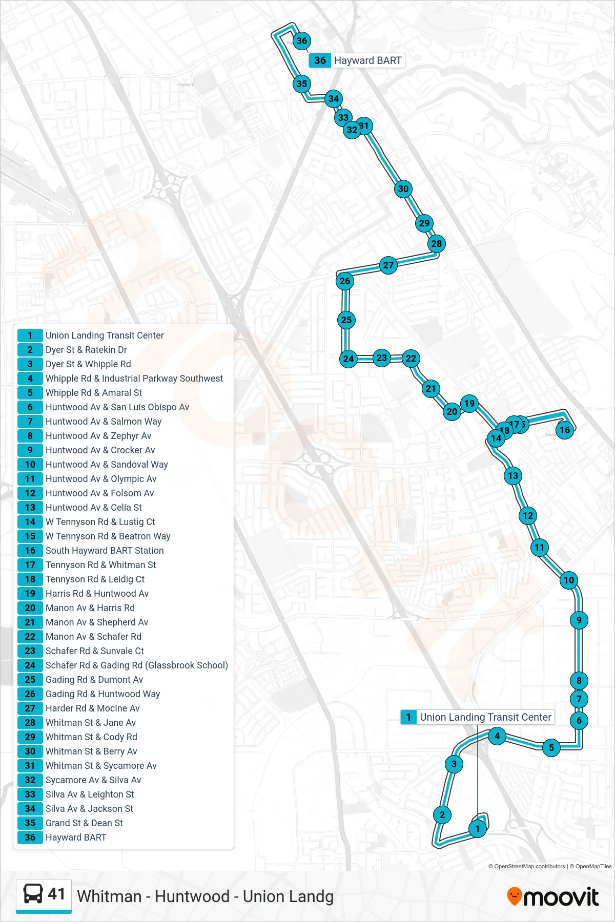 41 bus Line (Hayward BART) route and stops on a map