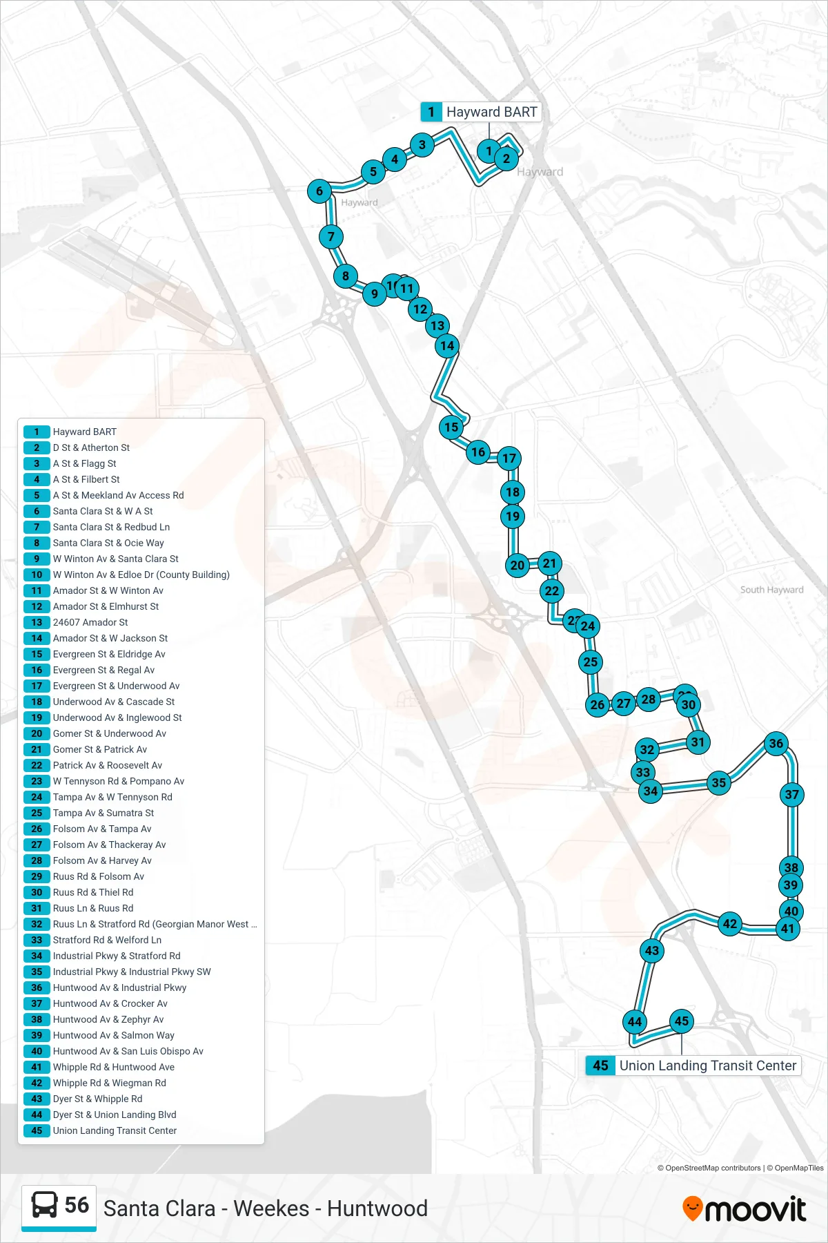 56 bus Line (Union Landing Transit Center) route and stops on a map