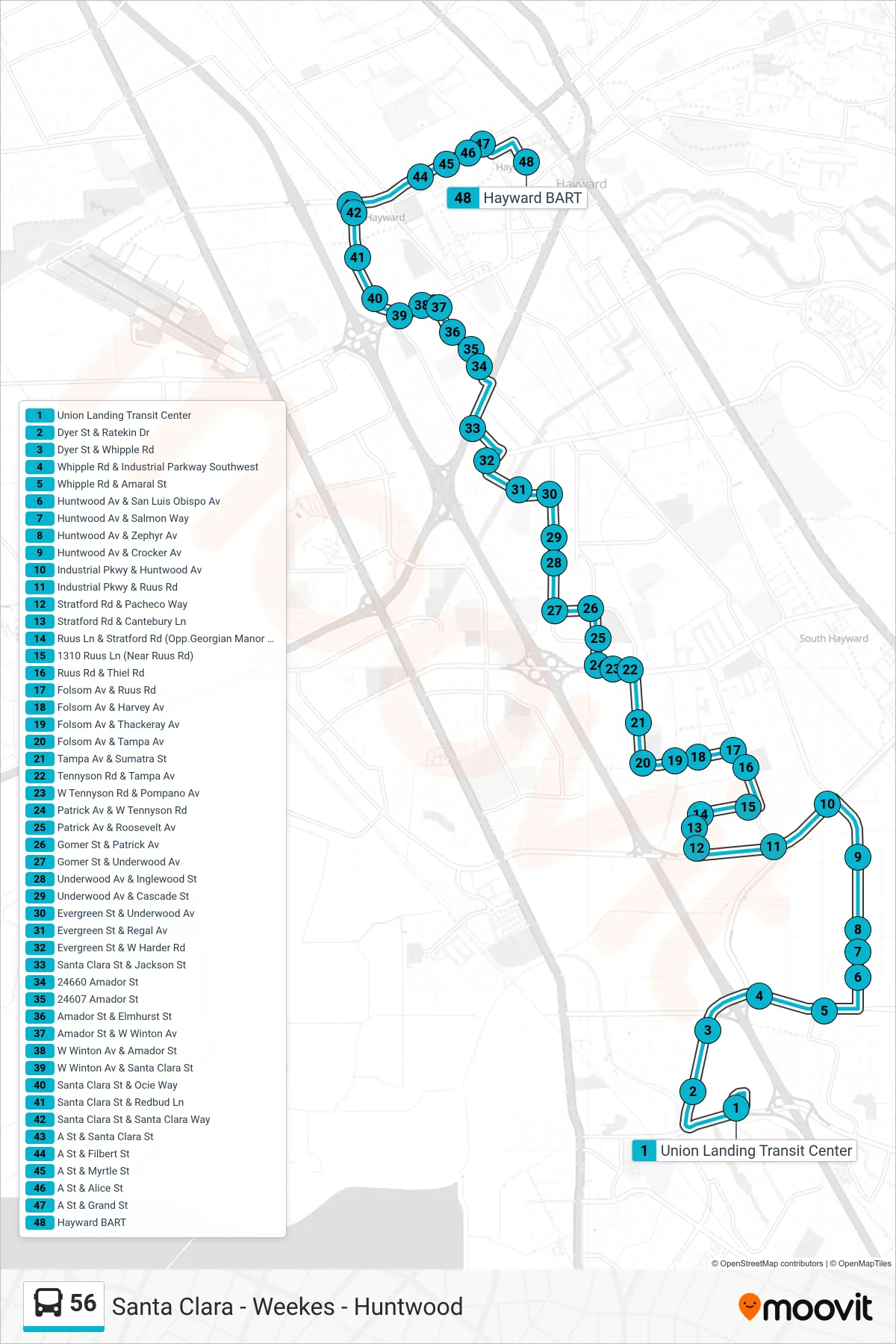 56 bus Line (Hayward BART) route and stops on a map