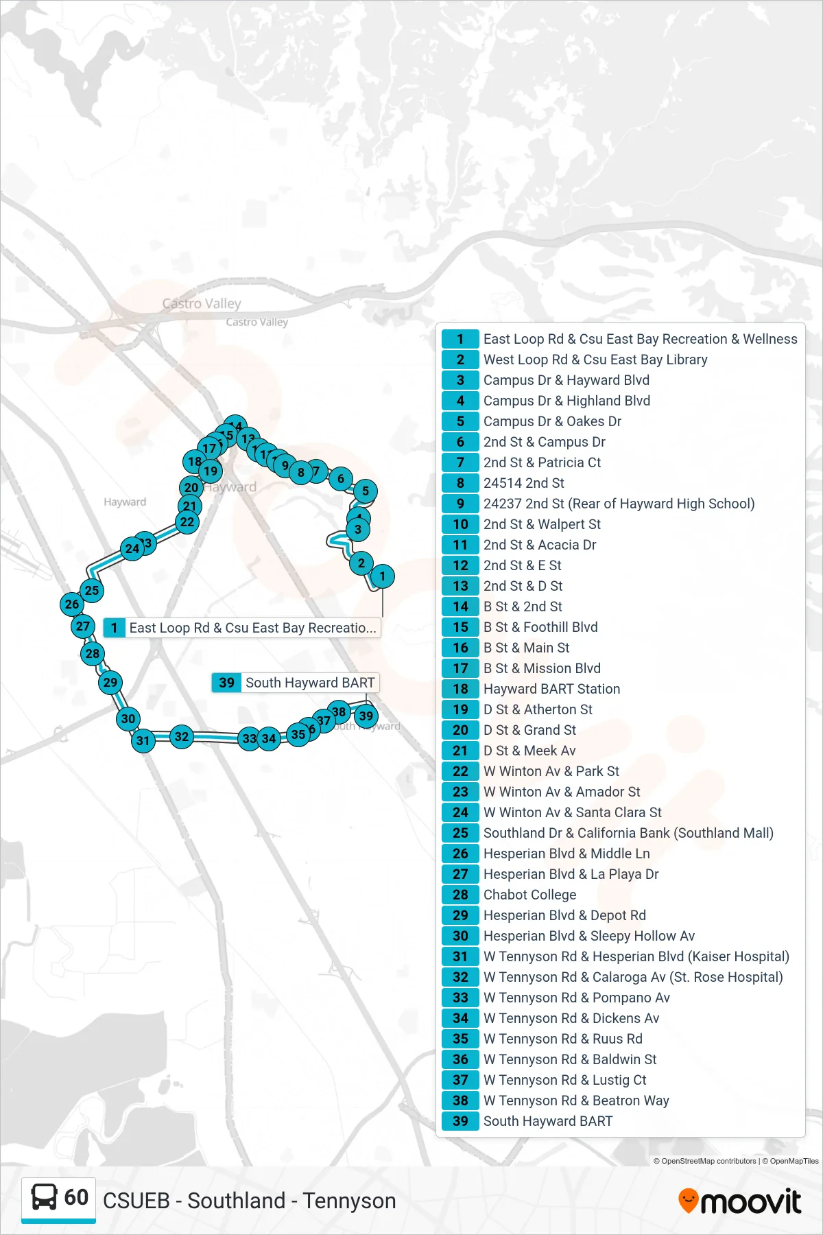 60 bus Line (South Hayward BART) route and stops on a map