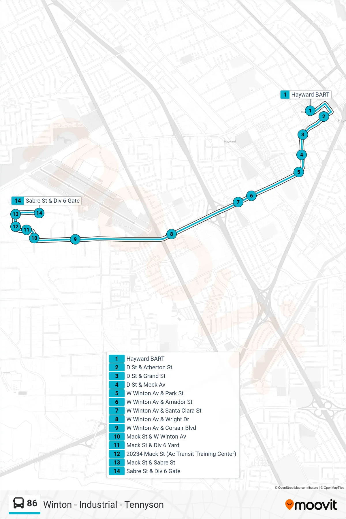 86 bus Line (Mack Street) route and stops on a map