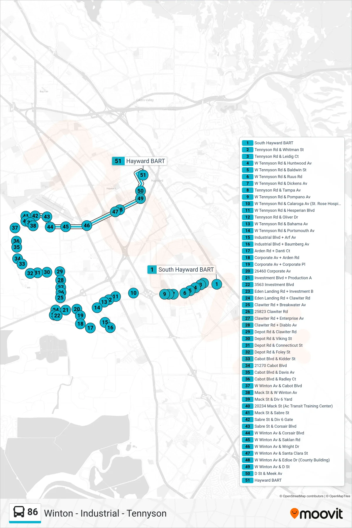 86 bus Line (Hayward BART) route and stops on a map