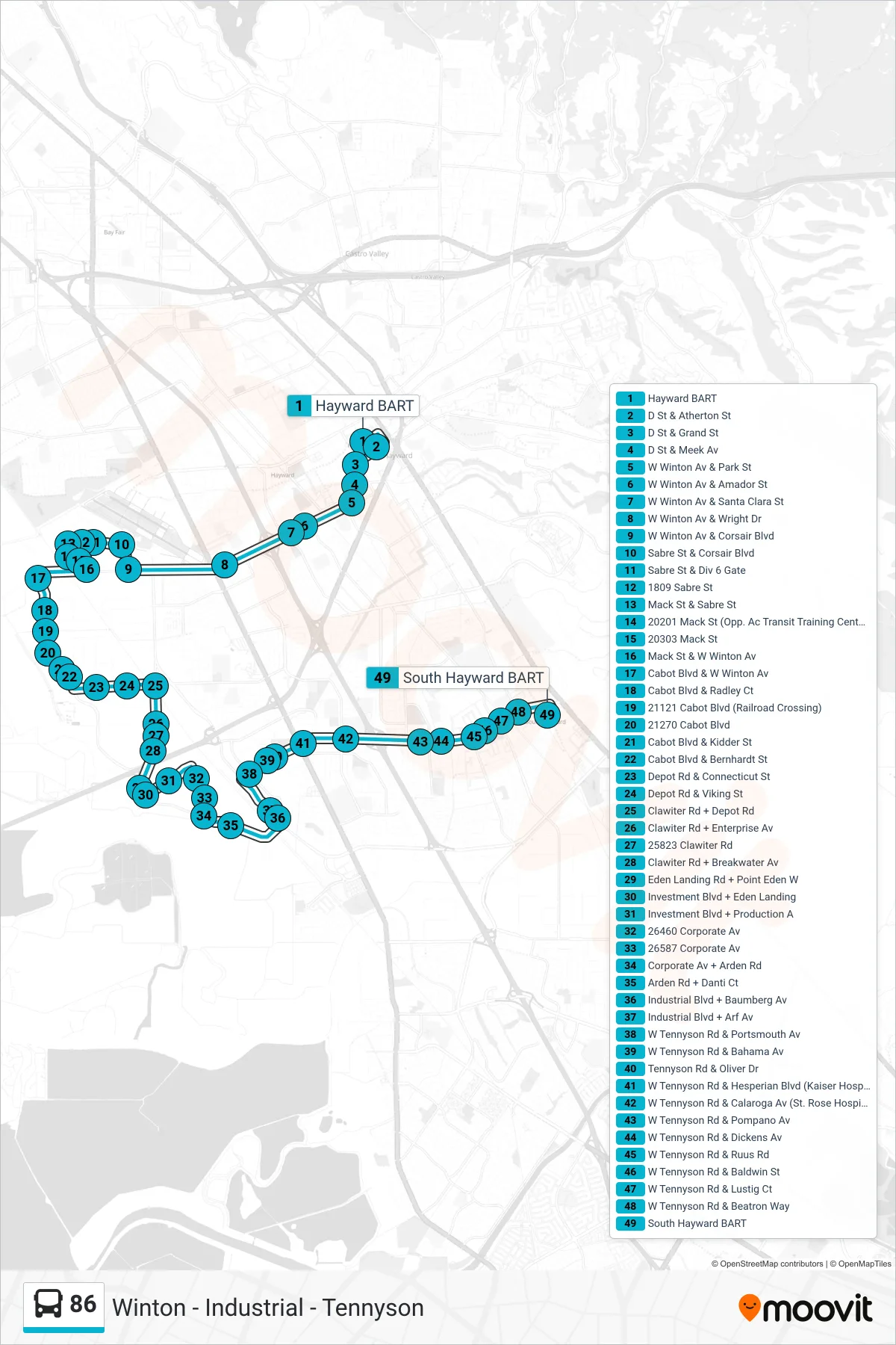 86 bus Line (South Hayward BART) route and stops on a map
