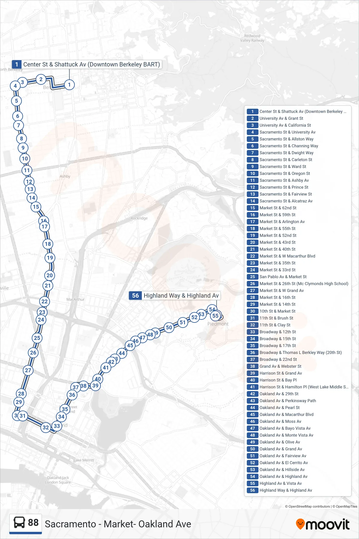 88 bus Line (Piedmont) route and stops on a map