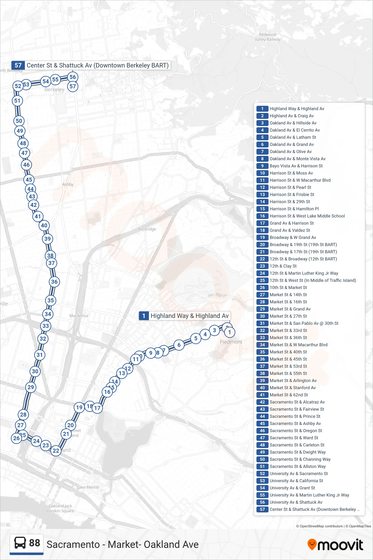 88 bus Line (Downtown Berkeley) route and stops on a map