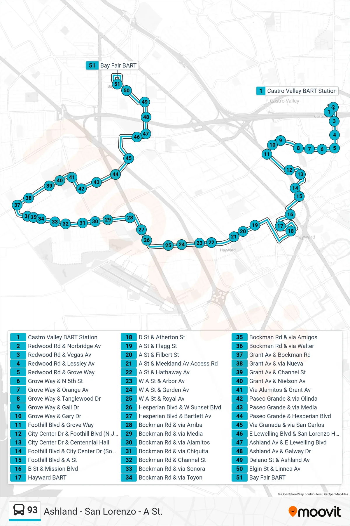 93 bus Line (Bay Fair BART) route and stops on a map