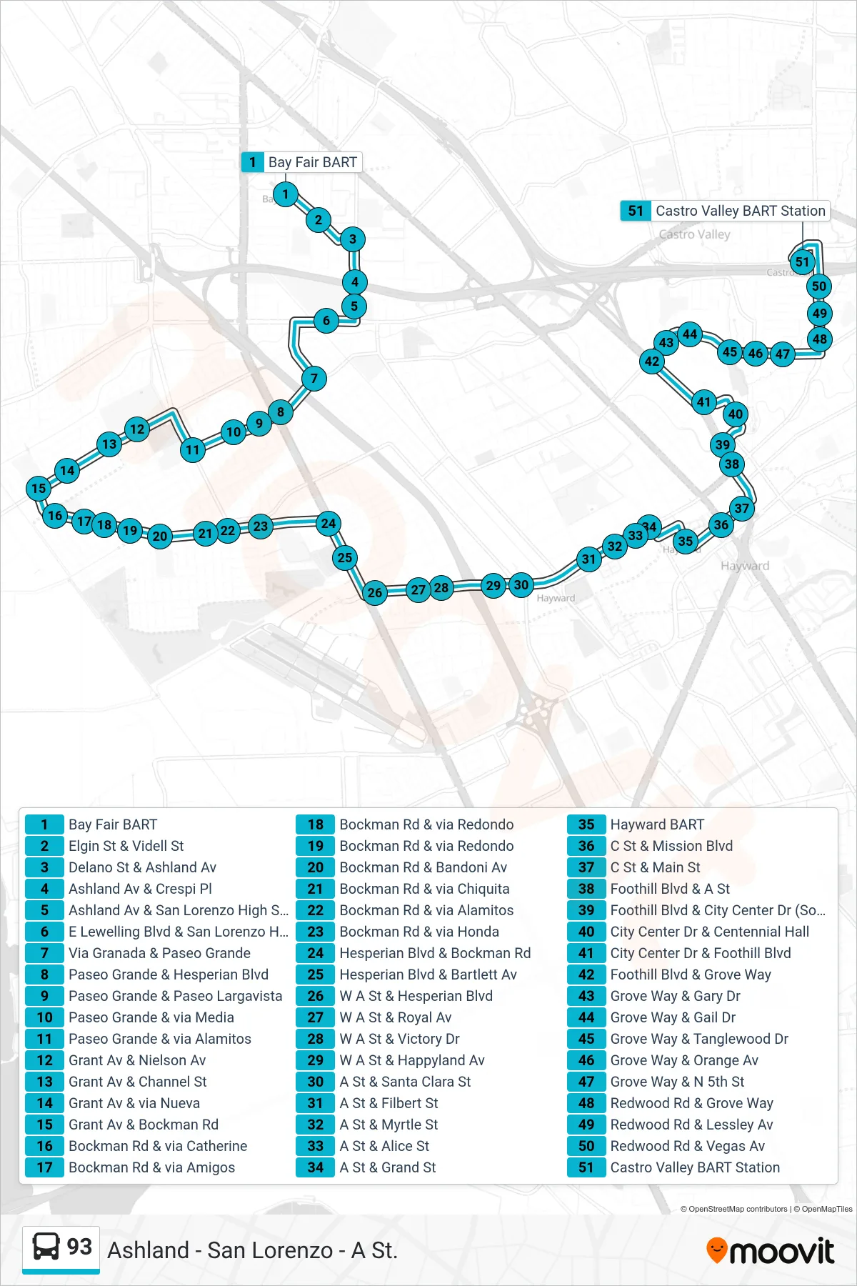 93 bus Line (Castro Valley BART) route and stops on a map