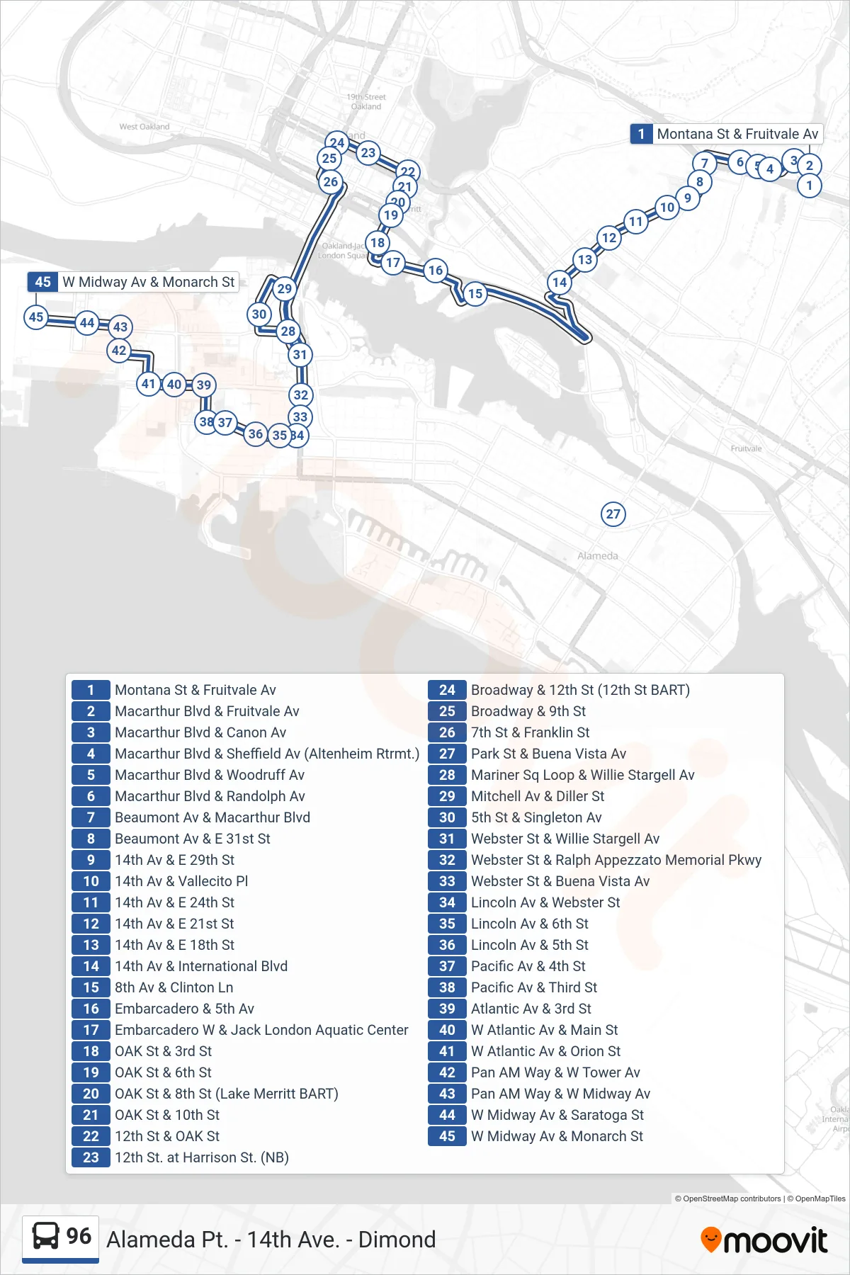 96 bus Line (Alameda Point) route and stops on a map