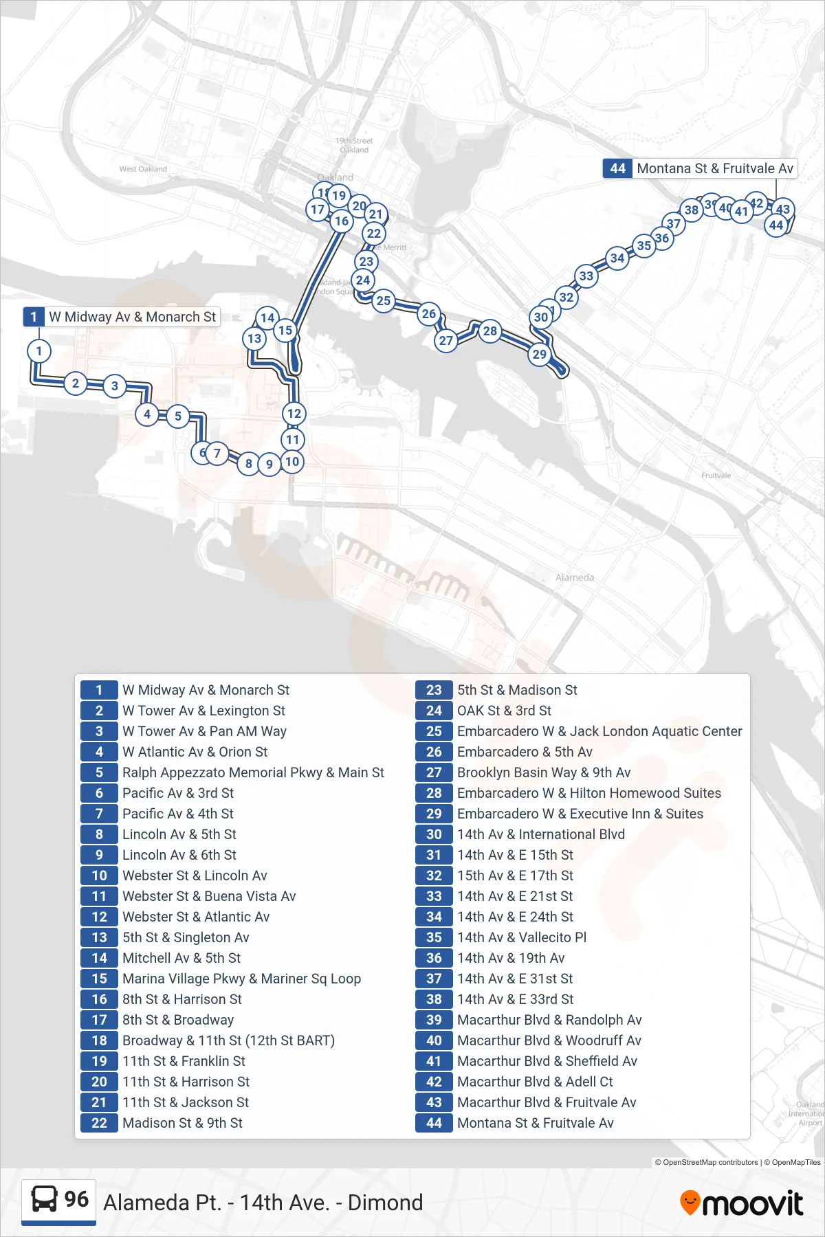96 bus Line (Dimond District) route and stops on a map