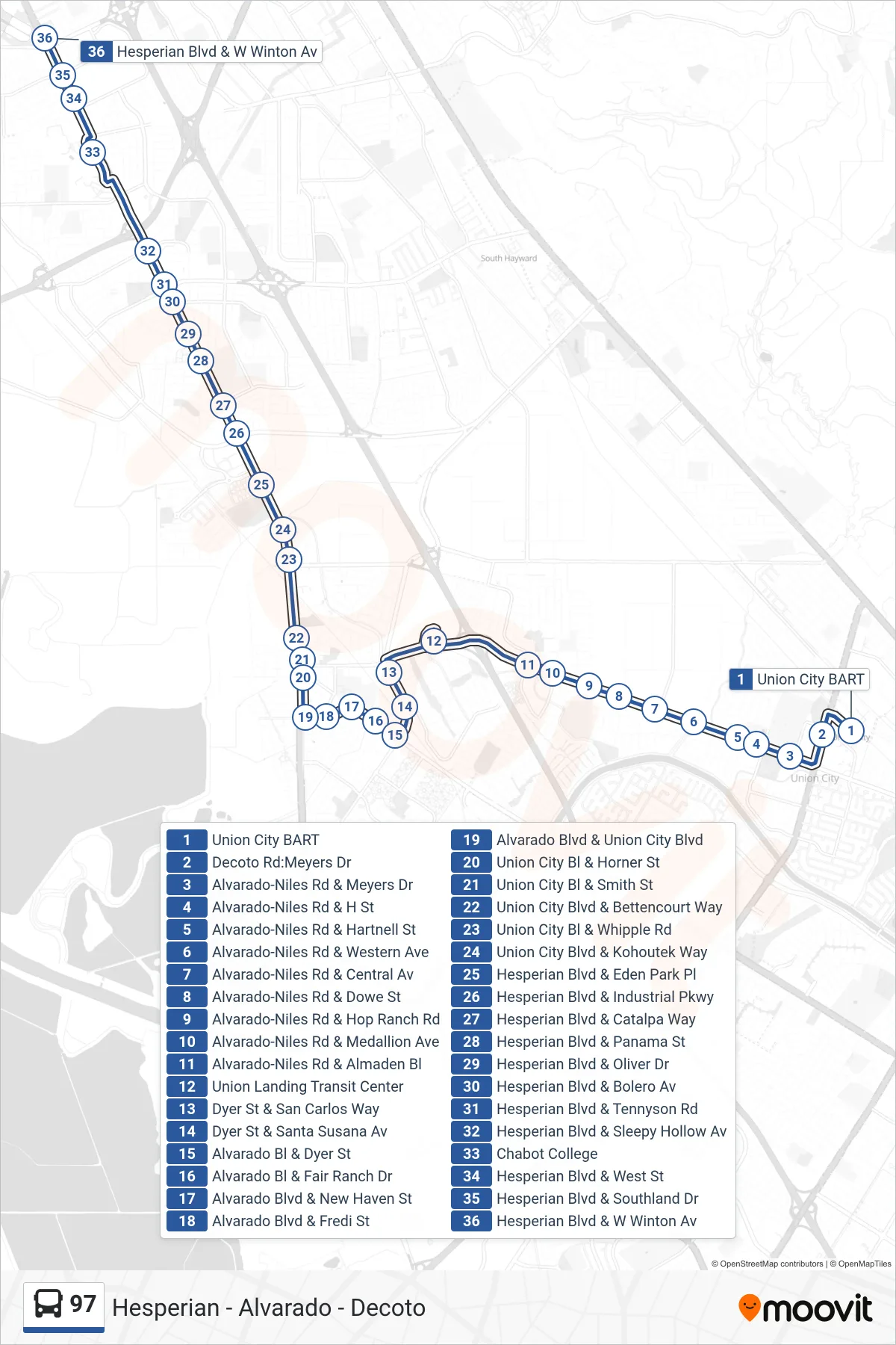 97 bus Line (Winton Ave. & Hesperian Blvd.) route and stops on a map