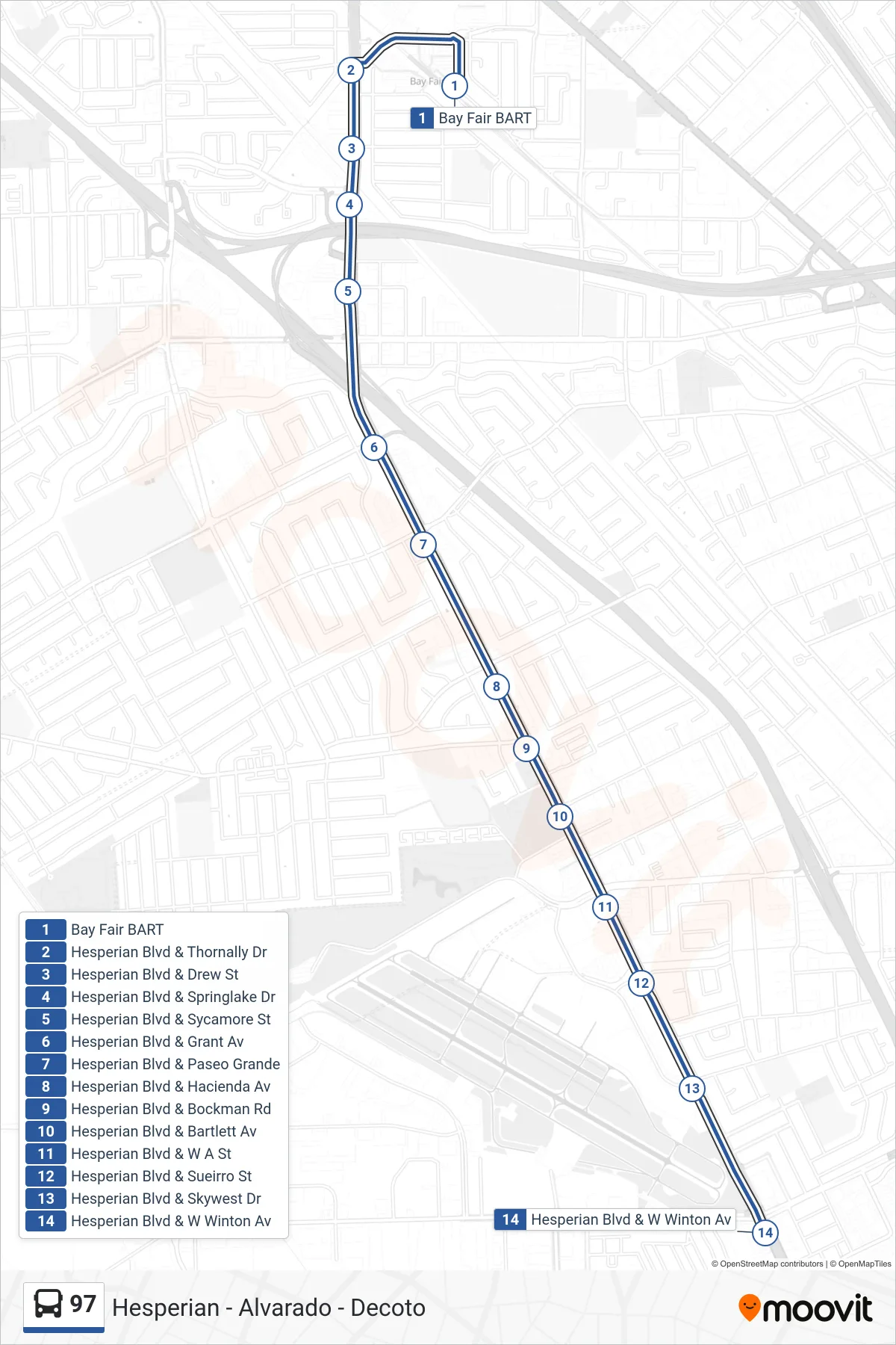 97 bus Line (Winton Ave. & Hesperian Blvd.) route and stops on a map