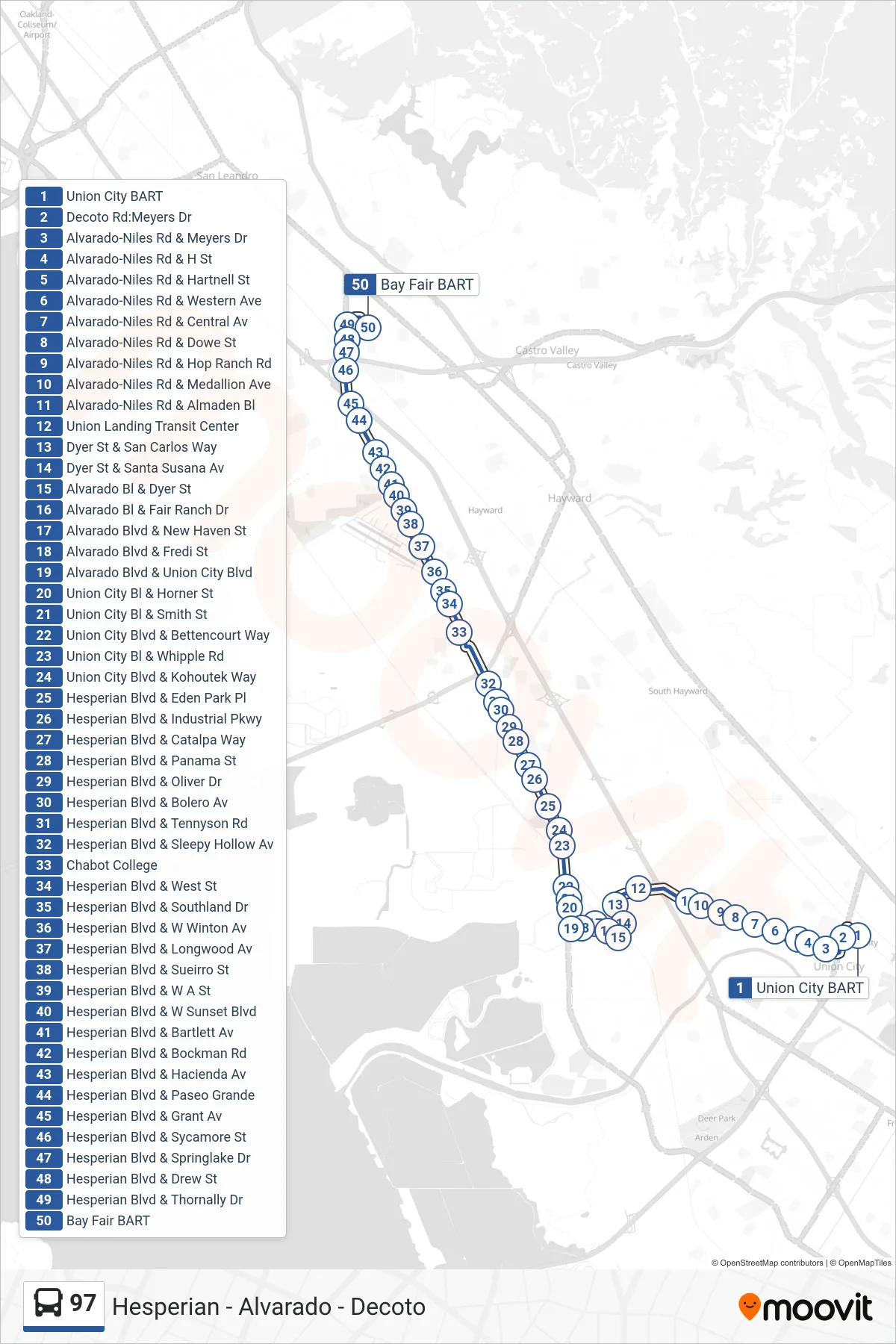 97 bus Line (Bay Fair BART) route and stops on a map