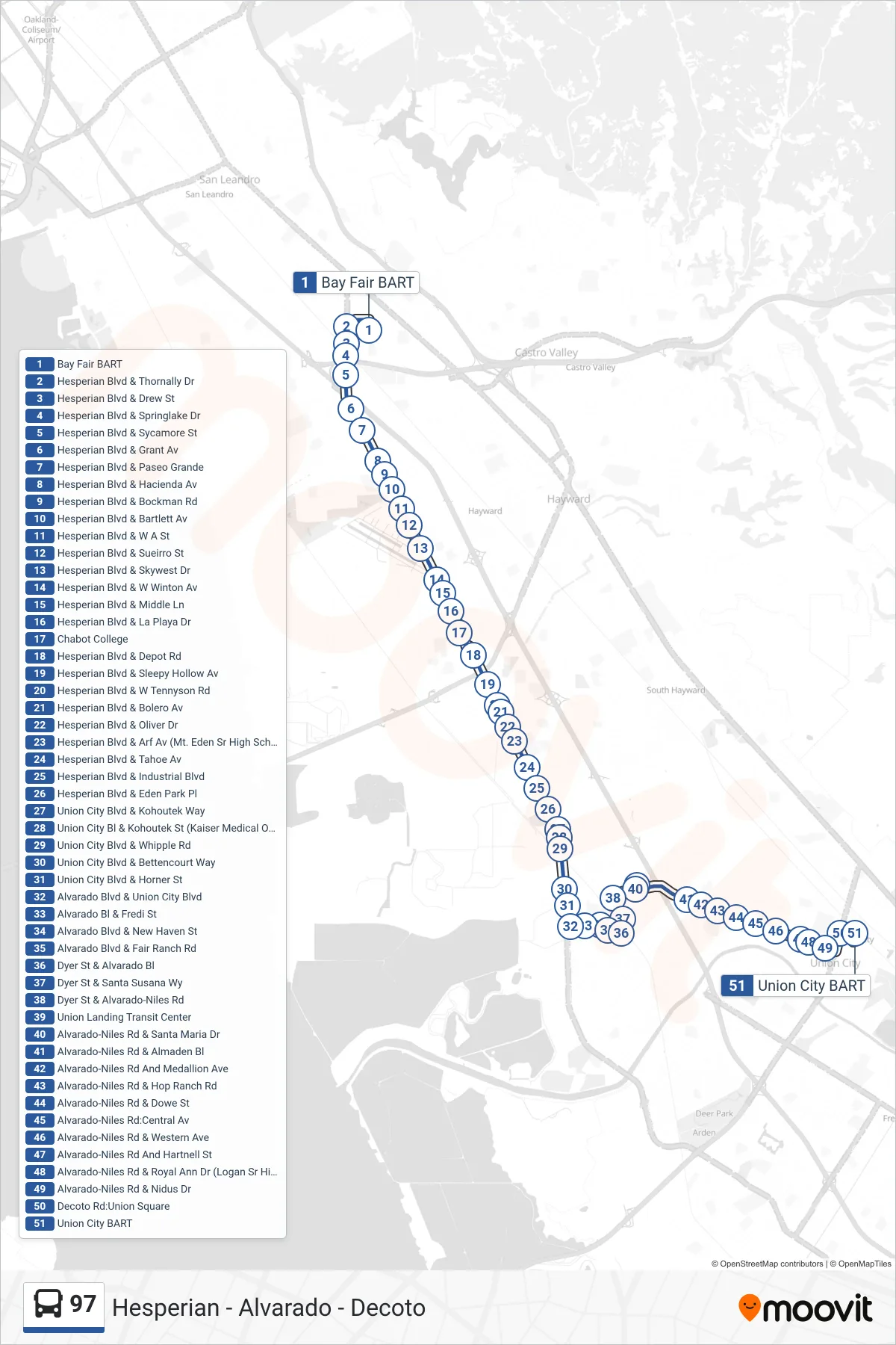 97 bus Line (Union City BART) route and stops on a map
